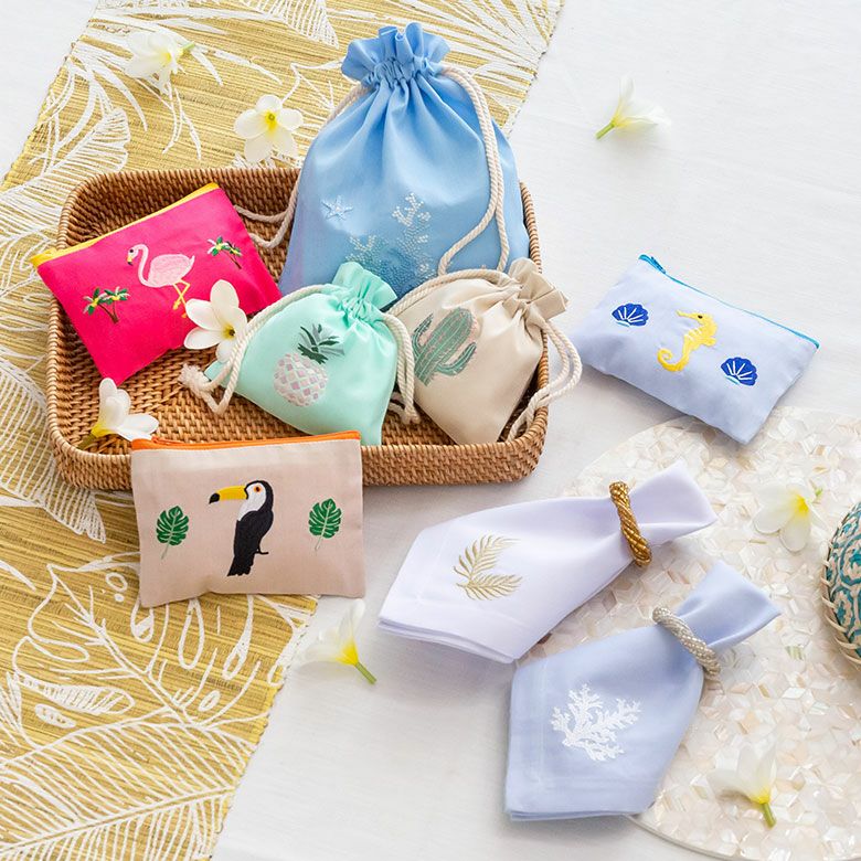 メール便対応】 ポーチ トロピカル 南国 ベトナム 刺繍 約 W 16cm D