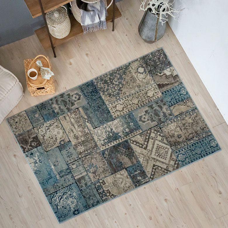 ペルシャ風パッチワークラグ 133×190cm グレー ウィルトン織り