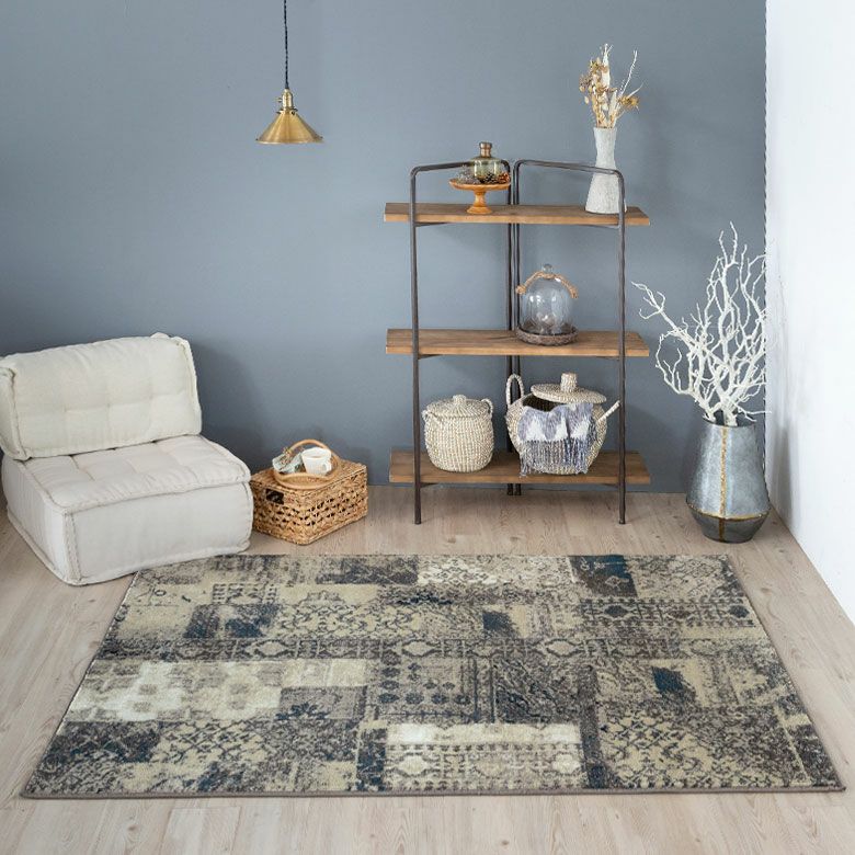 ペルシャ風パッチワークラグ 133×190cm グレー ウィルトン織り