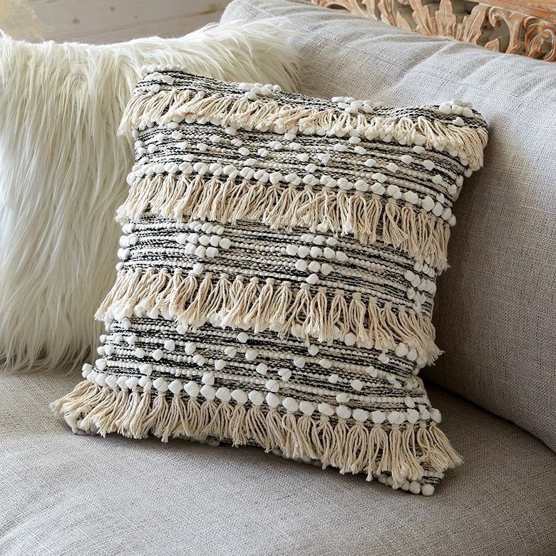 クッションカバー コットン ハンドルーム（手織り） 45×45cm フリンジ
