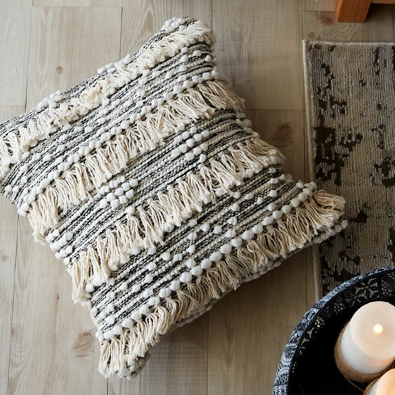 クッションカバー コットン ハンドルーム（手織り） 45×45cm フリンジ