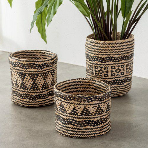 プランターカバー 筒形 円柱 ラタン製 ネイティブ柄 深型タイプ ...