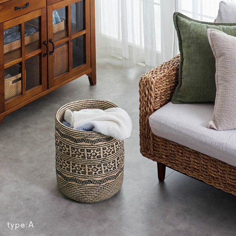 プランターカバー 筒形 円柱 ラタン製 ネイティブ柄 深型タイプ L 上径