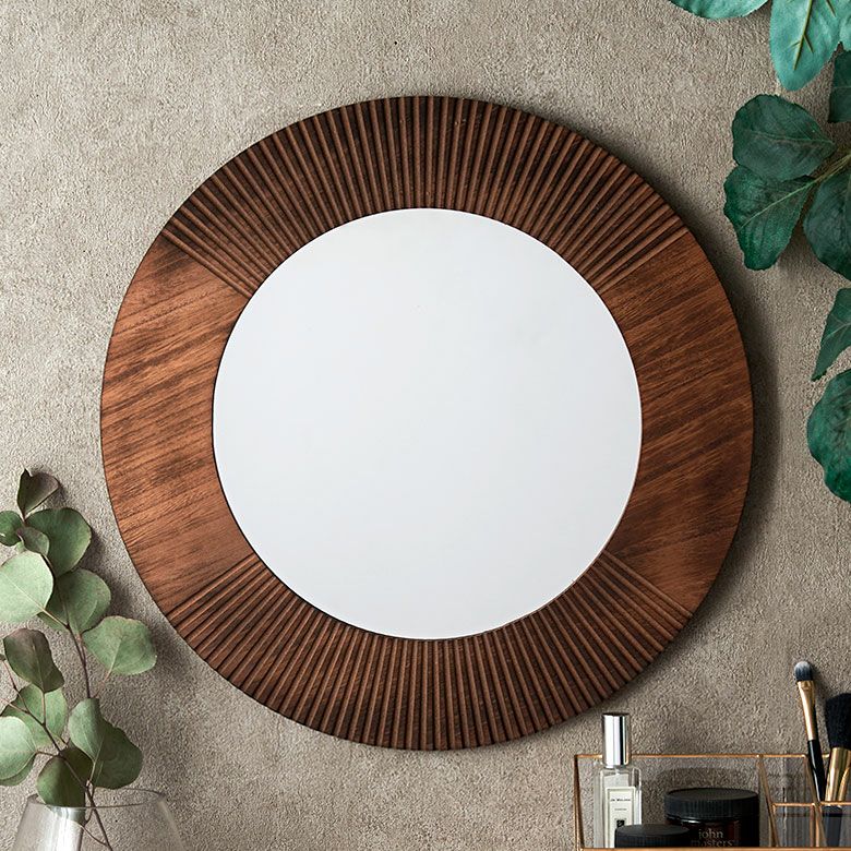 鏡 壁掛けミラー 木製 円形 丸型 約 W42 × D1 × H42 cm 鏡直径 27.5cm
