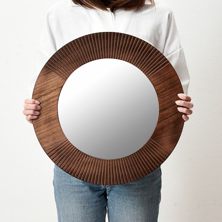鏡 壁掛けミラー 木製 円形 丸型 約 W42 × D1 × H42 cm 鏡直径 27.5cm