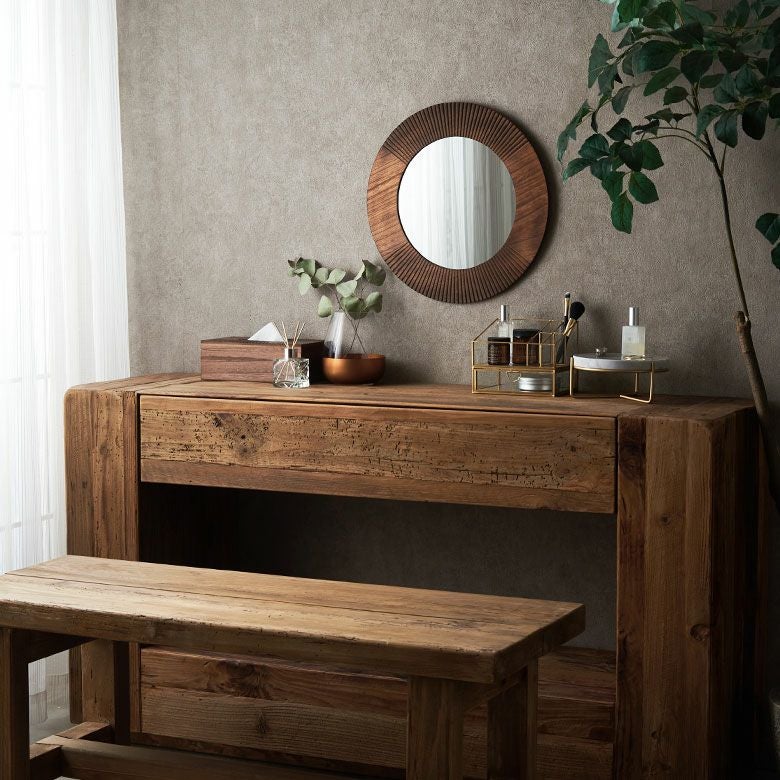 鏡 壁掛けミラー 木製 円形 丸型 約 W42 × D1 × H42 cm 鏡直径 27.5cm