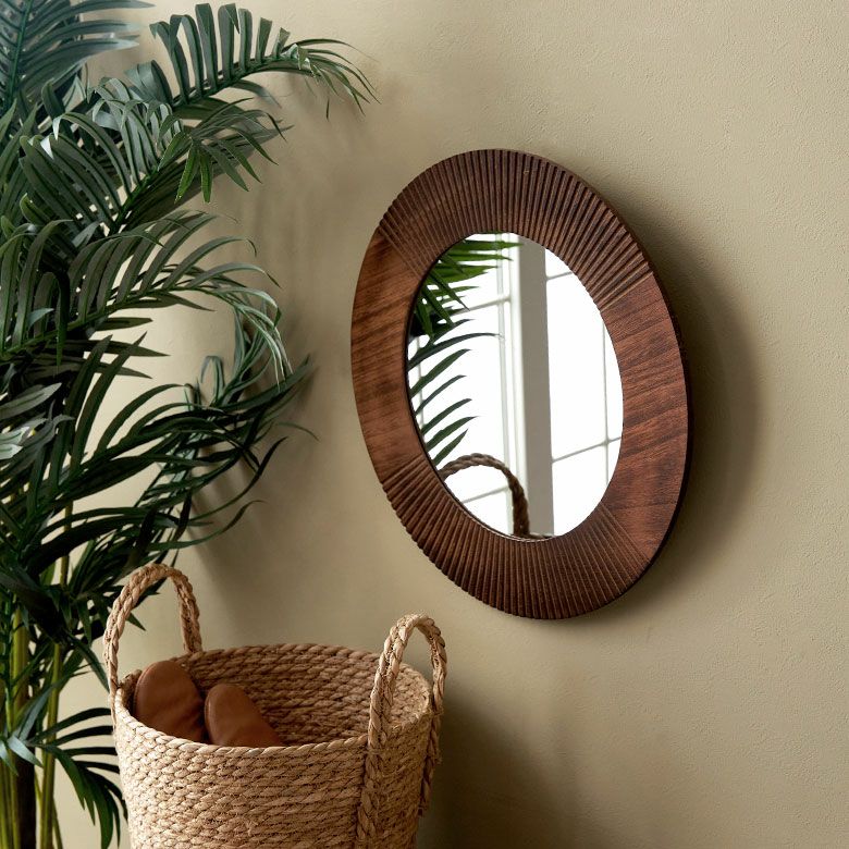 鏡 壁掛けミラー 木製 円形 丸型 約 W42 × D1 × H42 cm 鏡直径 27.5cm