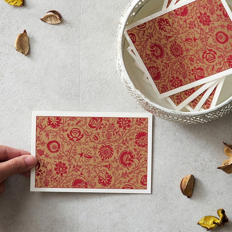 メッセージカード 花柄 赤×ゴールド 5枚セット インド 見開き 2つ折り