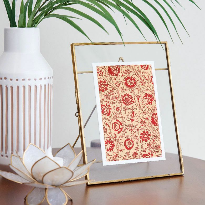 メッセージカード 花柄 赤×ゴールド 5枚セット インド 見開き 2つ折り