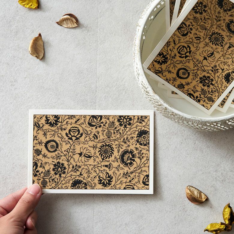 ギフトカード 花柄 黒×ゴールド 5枚セット インド 見開き 2つ折り