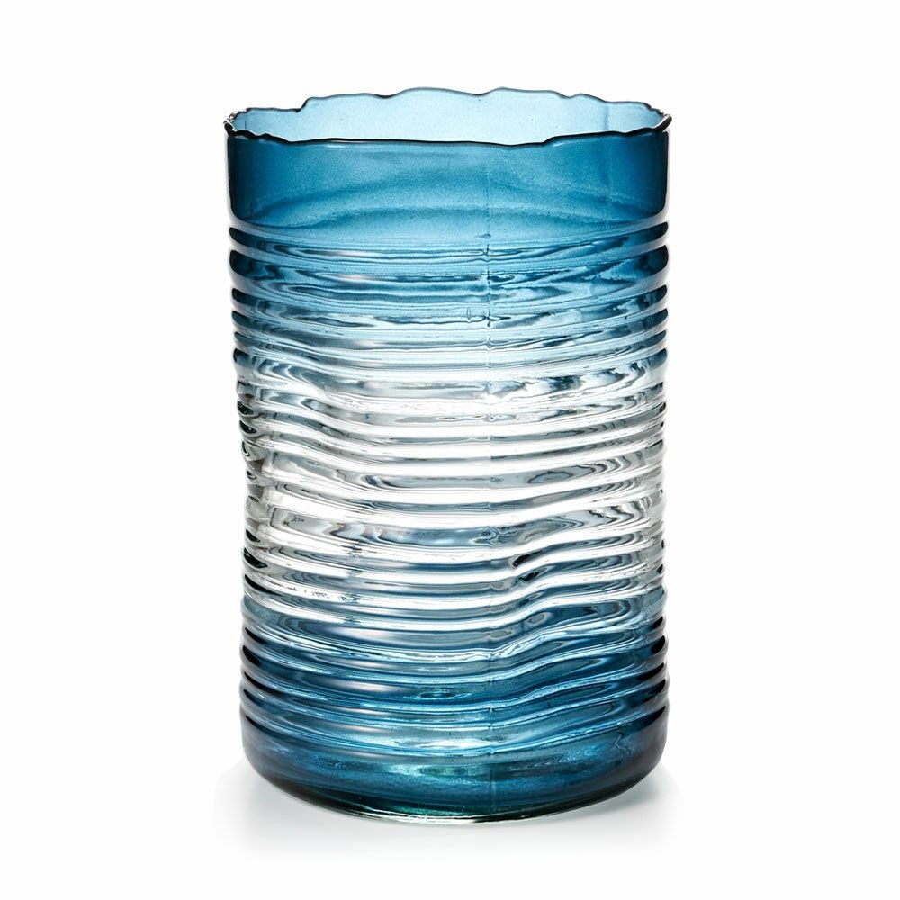 フラワーベース ガラス ブルー グラデーション ウェーブデザイン 横縞