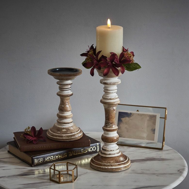 キャンドルスタンド ホワイトウォッシュ 木製 ラウンド型 Mサイズ 約 W