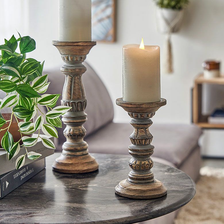 キャンドルホルダー グレイウォッシュ 木製 ラウンド型 Sサイズ 約 W