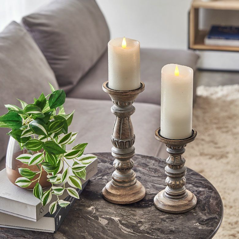 キャンドルホルダー グレイウォッシュ 木製 ラウンド型 Mサイズ 約 W