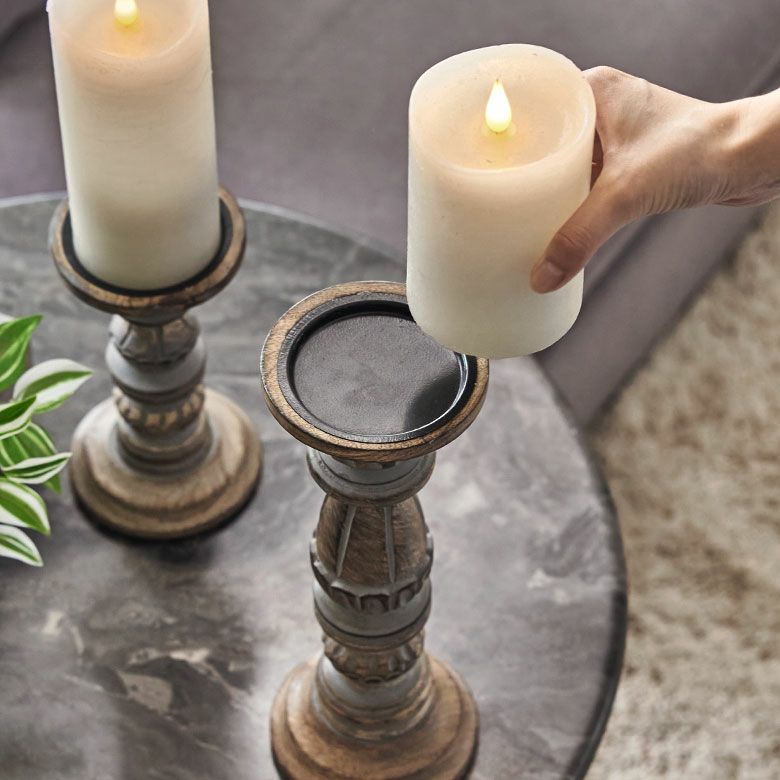 キャンドルホルダー グレイウォッシュ 木製 ラウンド型 Mサイズ 約 W