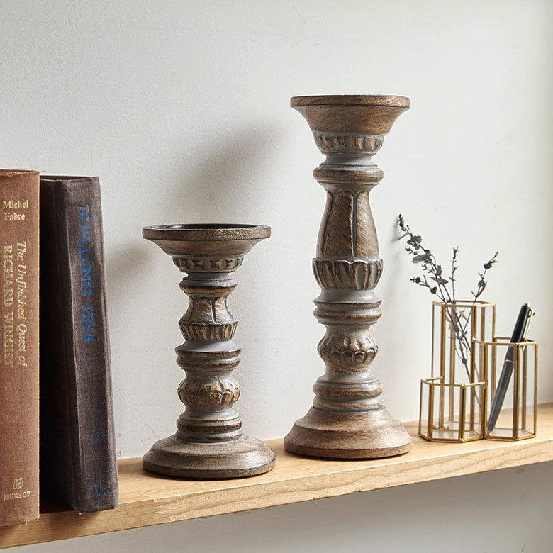 キャンドルホルダー グレイウォッシュ 木製 ラウンド型 Mサイズ 約 W