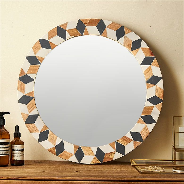鏡 壁掛け鏡 円形 丸型 ウッド×レジン ジオメトリック柄 約 W 45 × D