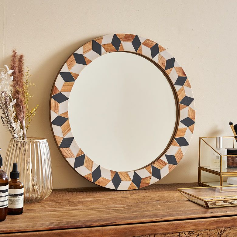 鏡 壁掛け鏡 円形 丸型 ウッド×レジン ジオメトリック柄 約 W 45 × D