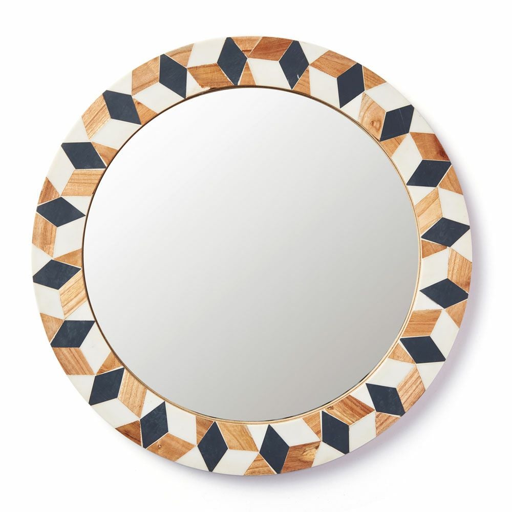 鏡 壁掛け鏡 円形 丸型 ウッド×レジン ジオメトリック柄 約 W 45 × D