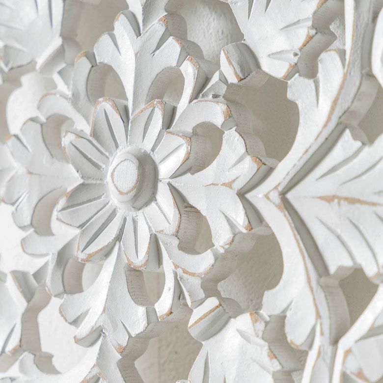 木彫り レリーフ 壁掛け アカンサス 白 ホワイト インド製 正方形 約 W