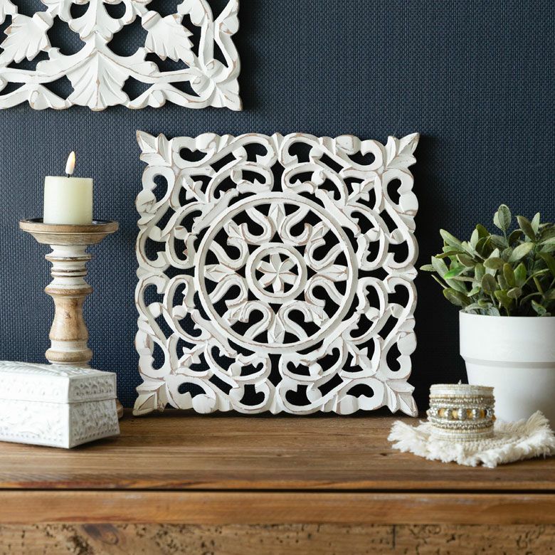 木彫り レリーフ 壁掛け アラベスク 白 ホワイト インド製 正方形 約 W