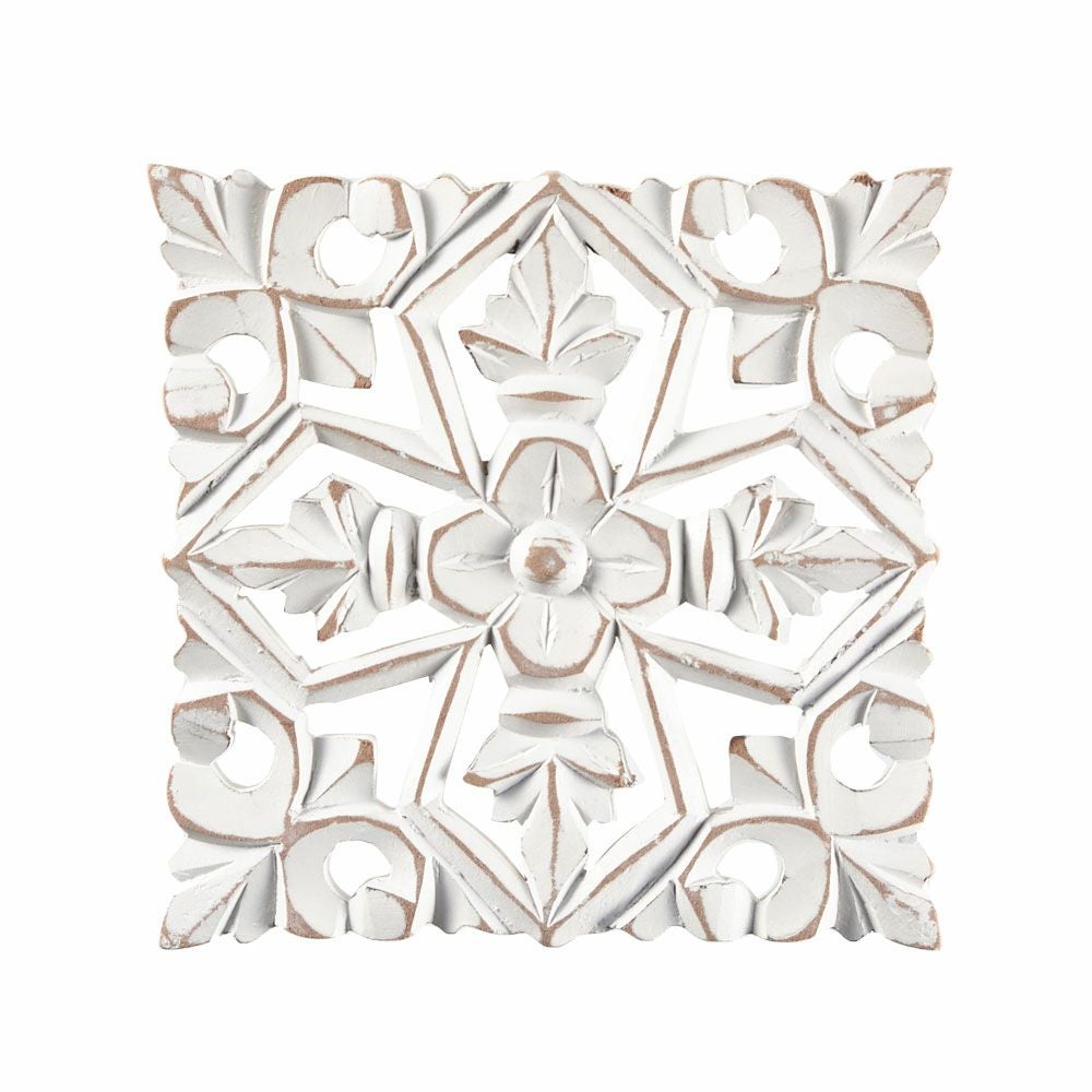 木彫り レリーフ 壁掛け クロス 白 ホワイト インド製 正方形 約 W 16