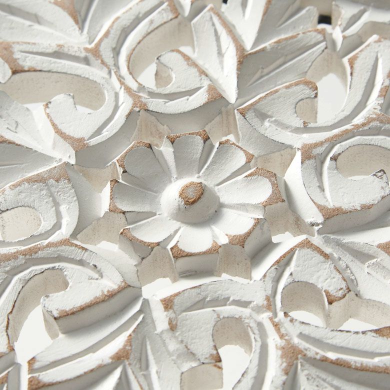 木彫り レリーフ 壁掛け コリント 白 ホワイト インド製 正方形 約 W