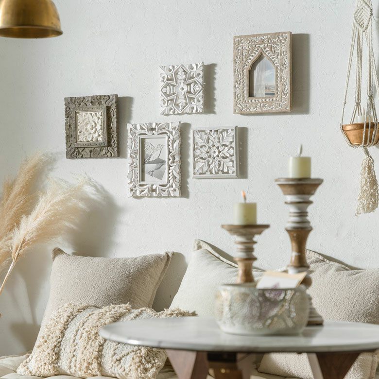 木彫り レリーフ 壁掛け コリント 白 ホワイト インド製 正方形 約 W