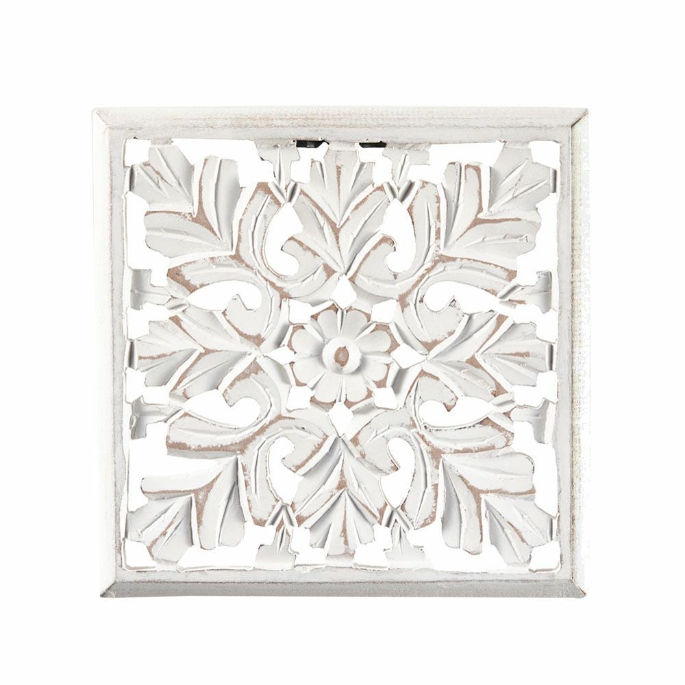 木彫り レリーフ 壁掛け コリント 白 ホワイト インド製 正方形 約 W