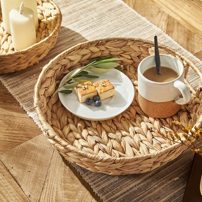 トレイ 円形 ラウンド 浅型 Lサイズ ウォーターヒヤシンス 持ち手付き