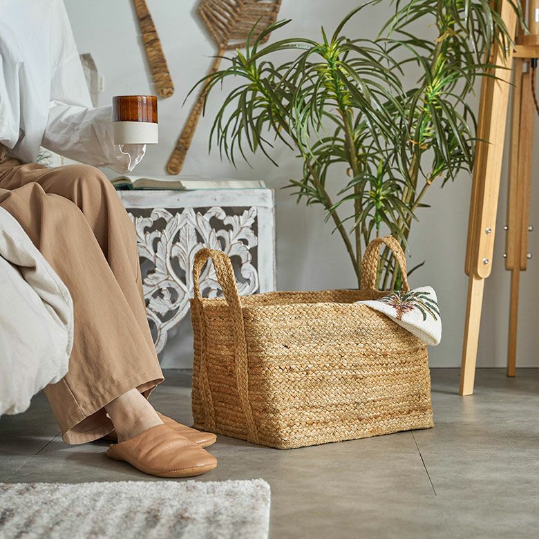 かご バスケット 持ち手付き ジュート 麻 Mサイズ 約 W 26cm D 32cm H