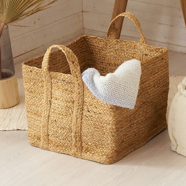 かご バスケット 持ち手付き ジュート 麻 Lサイズ 約 W 32cm D 38cm H