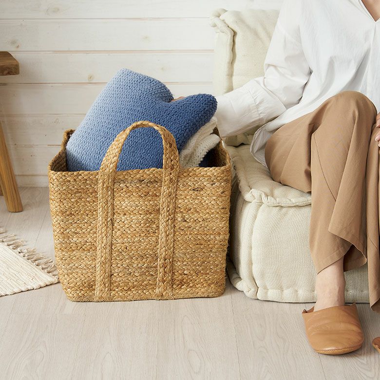 かご バスケット 持ち手付き ジュート 麻 Lサイズ 約 W 32cm D 38cm H