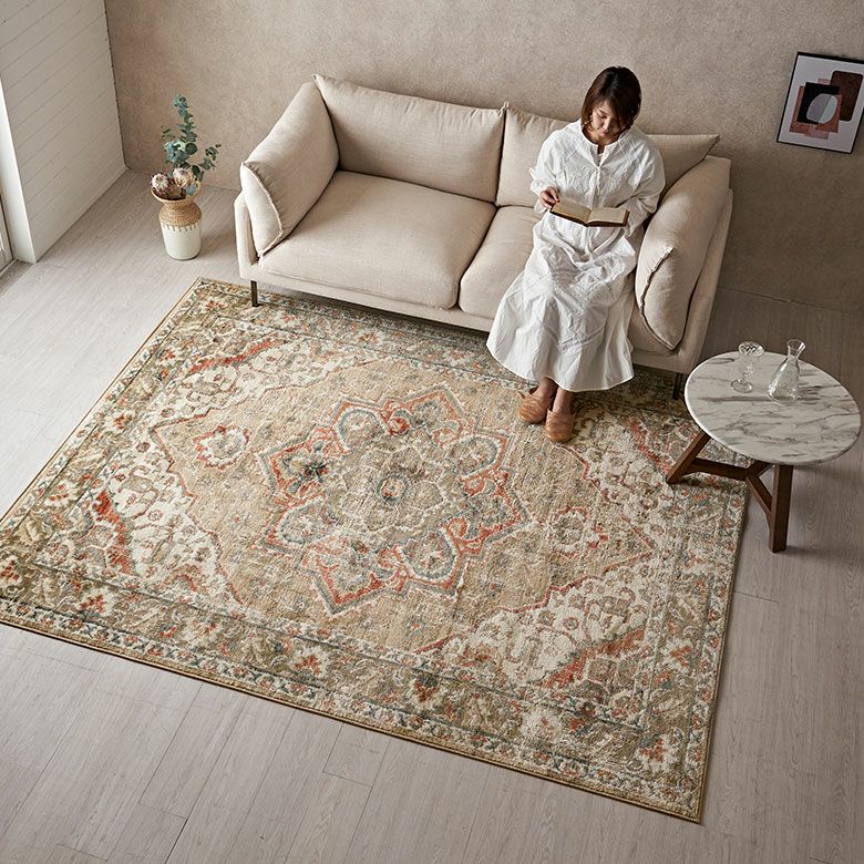 【いいね！10%引】メダリオン柄 カーペット ラグ 140x200cmベージュS ラグ ラグマット ウィルトン織 メダリオン柄 エジプト製 約 200×250cm