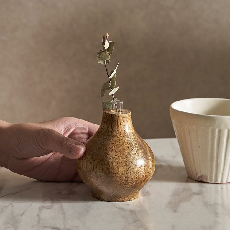 一輪挿し フラワーベース 木製 マンゴー ウッド 天然木 ガラス 花瓶 約