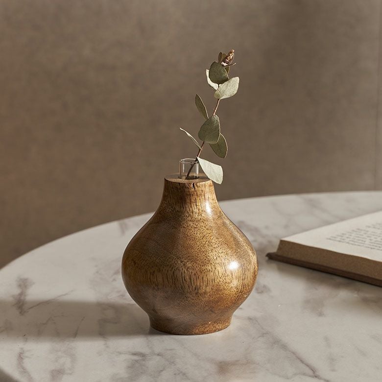 一輪挿し フラワーベース 木製 マンゴー ウッド 天然木 ガラス 花瓶 約