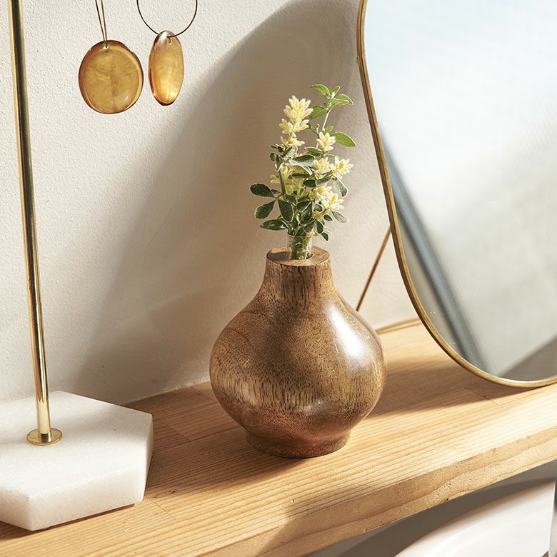 一輪挿し フラワーベース 木製 マンゴー ウッド 天然木 ガラス 花瓶 約