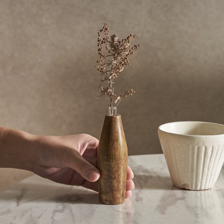 一輪挿し フラワーベース 木製 マンゴー ウッド 天然木 ガラス 花瓶 約