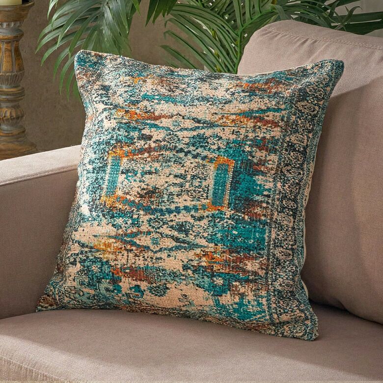 クッションカバー ダマスク ブルー 綿 45×45cm ブルー グリーン グレー