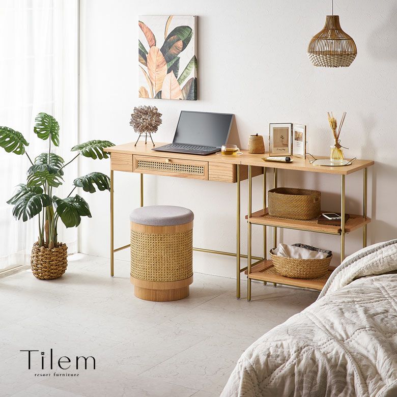 デスク テーブル 机 引き出し付き ラタン 籐 ウッド 木製 約 W 90cm D