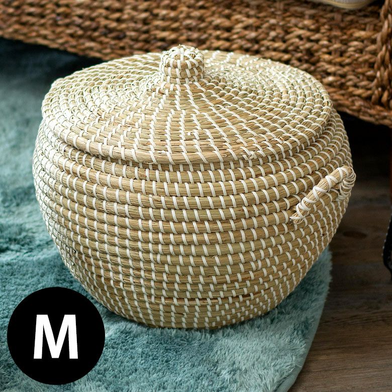 バスケット ふた付き 持ち手付き ポットタイプ アフリカ シーグラス製