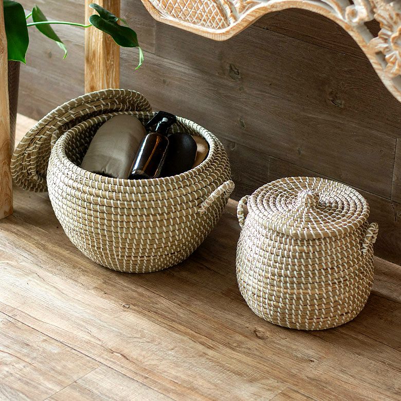 バスケット ふた付き 持ち手付き ポットタイプ アフリカ シーグラス製