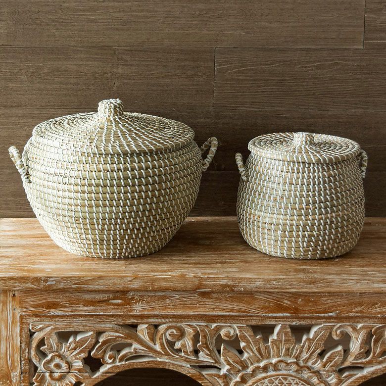 バスケット ふた付き 持ち手付き ポットタイプ アフリカ シーグラス製