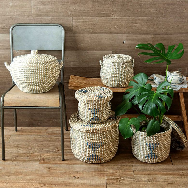 バスケット ふた付き 持ち手付き ポットタイプ アフリカ シーグラス製