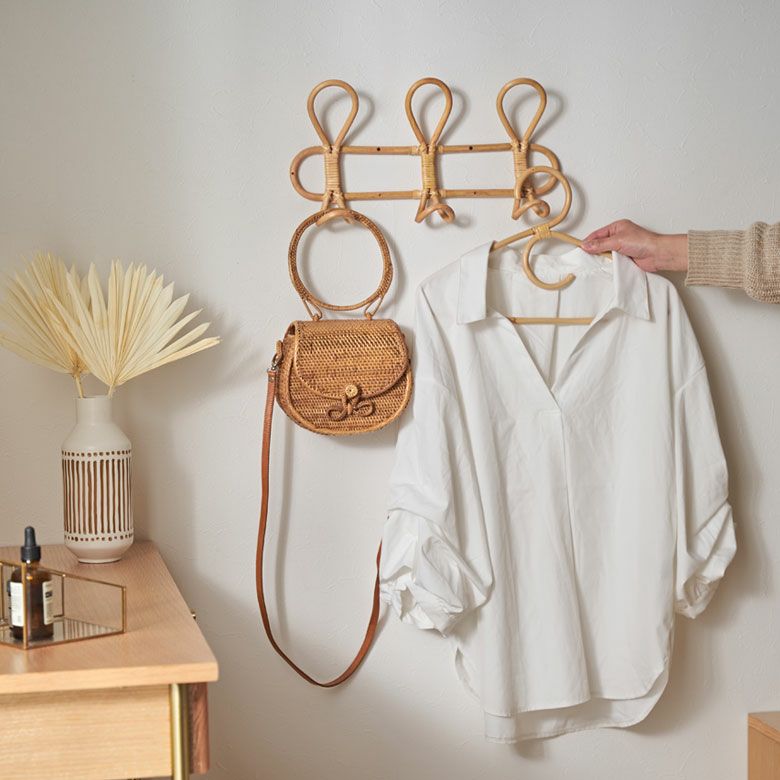 フック ラタン 籐 天然素材 ウォールハンガー 3連 約 W 40cm D 6.5cm H