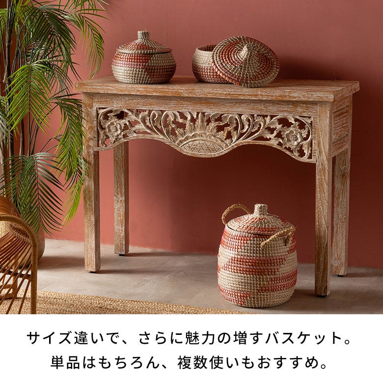 民藝　アジアの籠　 赤茶色 円形 脚付きバスケット 楽天市場】アタで編まれた楕円形のフタ付き小物入れバスケット L 収納