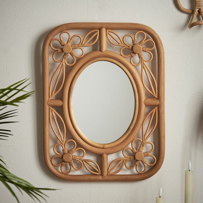 ミラー 鏡 ラタン 籐 取り付け用フック付き 約 W 32.5cm D 2cm H 42cm