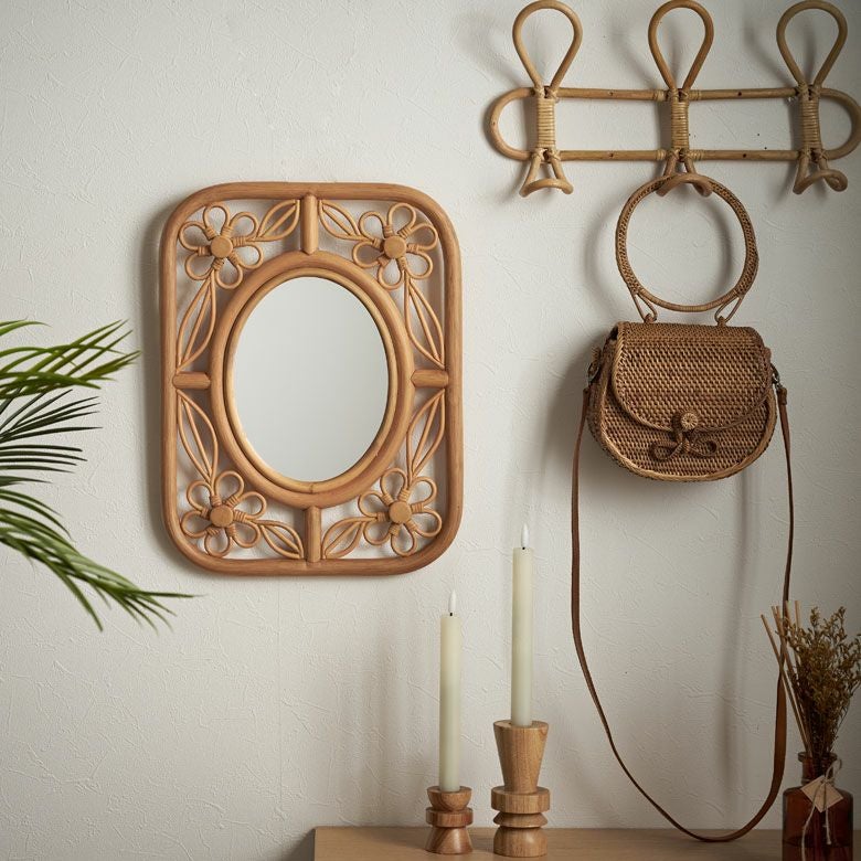 ミラー 鏡 ラタン 籐 取り付け用フック付き 約 W 32.5cm D 2cm H 42cm