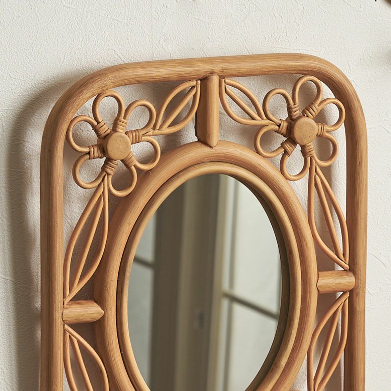 ミラー 鏡 ラタン 籐 取り付け用フック付き 約 W 32.5cm D 2cm H 42cm