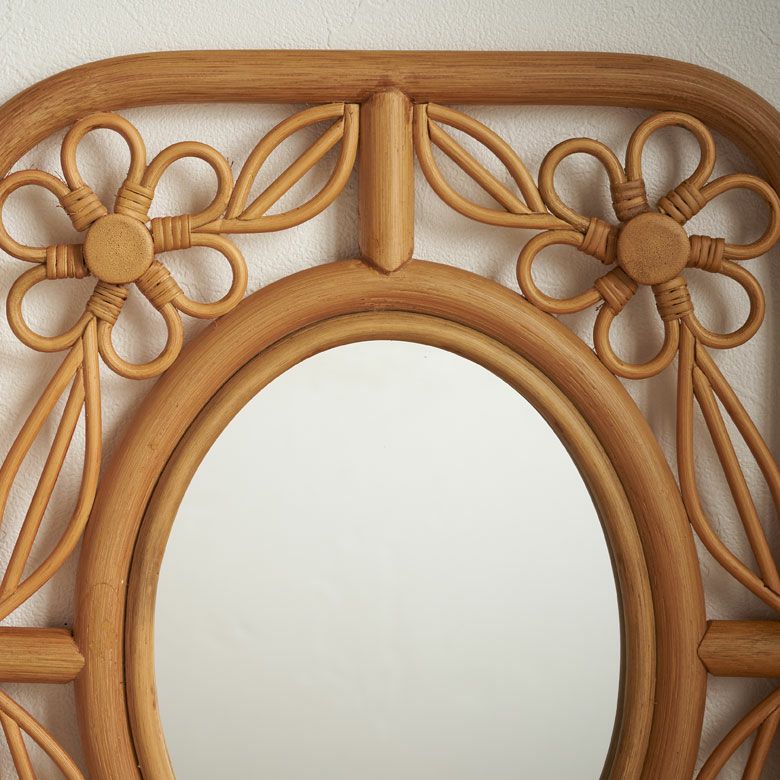 ミラー 鏡 ラタン 籐 取り付け用フック付き 約 W 32.5cm D 2cm H 42cm